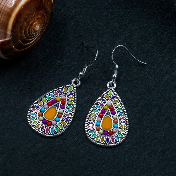 Vibrant Boho Silver Teardrop Earrings - Picture 2 of 6